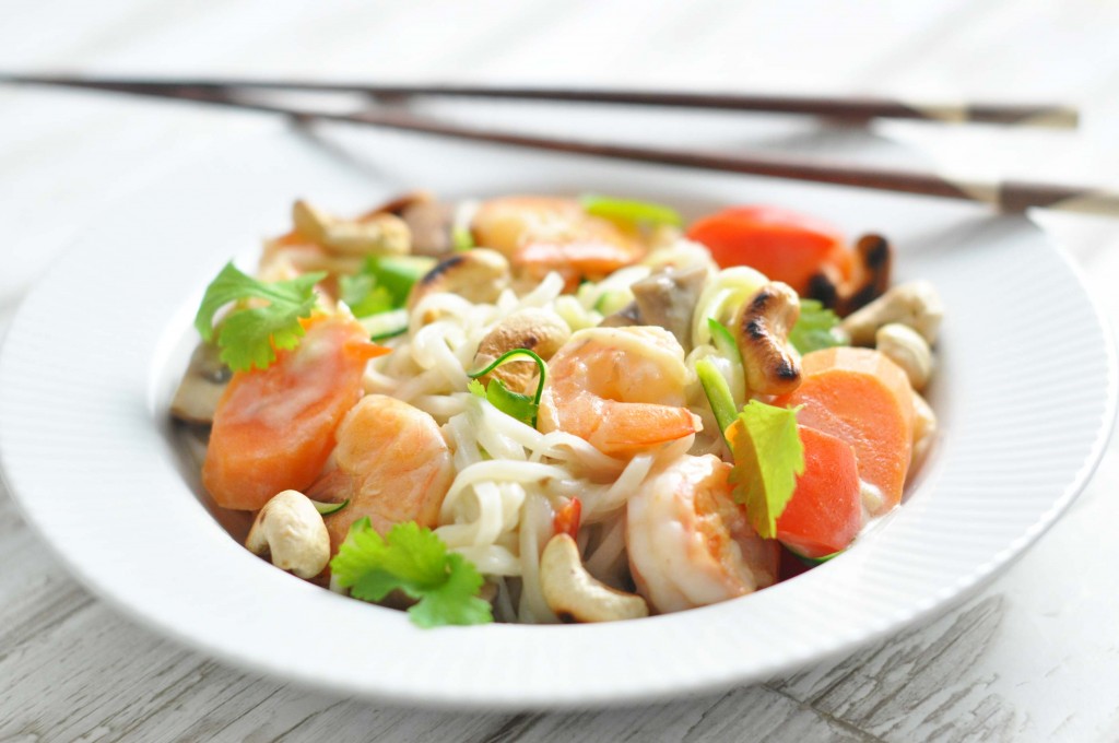 Flash fried coconut prawns with noodles quick recipe