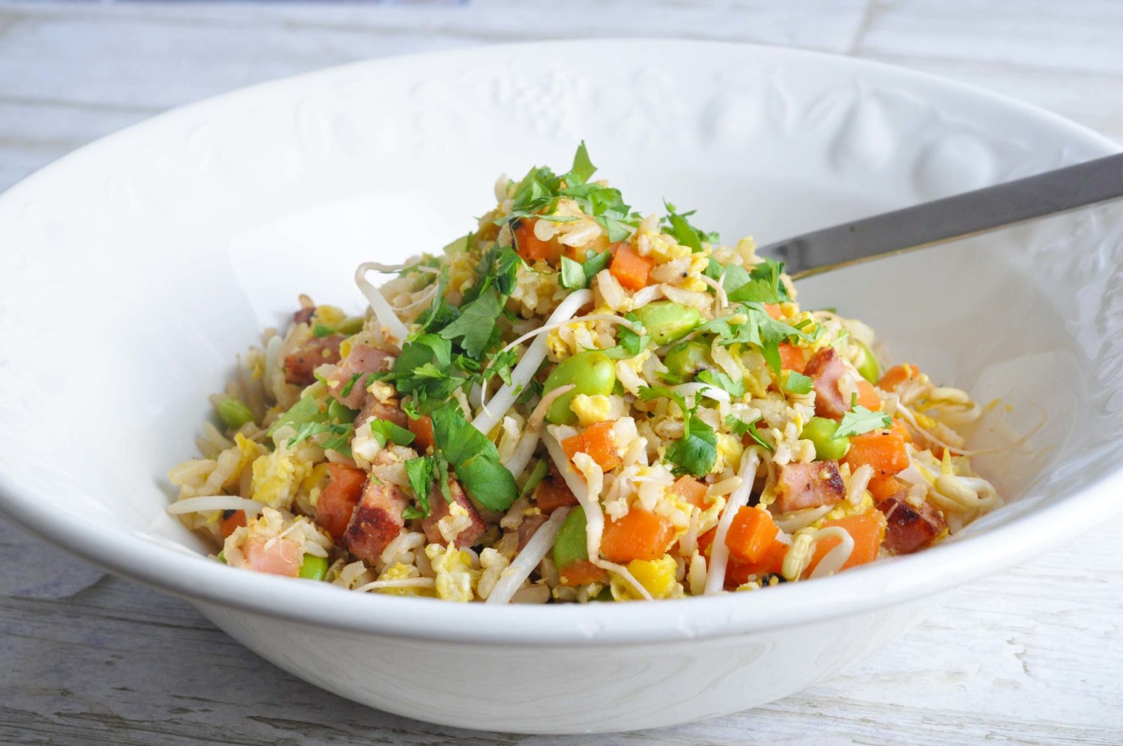 Fried rice with edamame beans and ham. Quick dinner and great for kids.