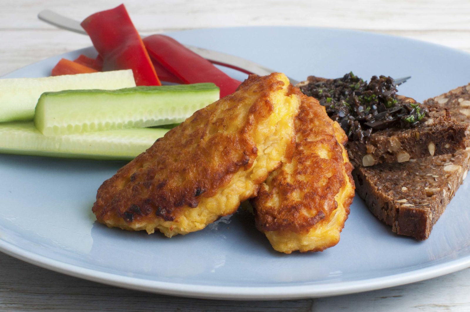 The best veggie meatballs on rye - with olive tapenade and snack veg