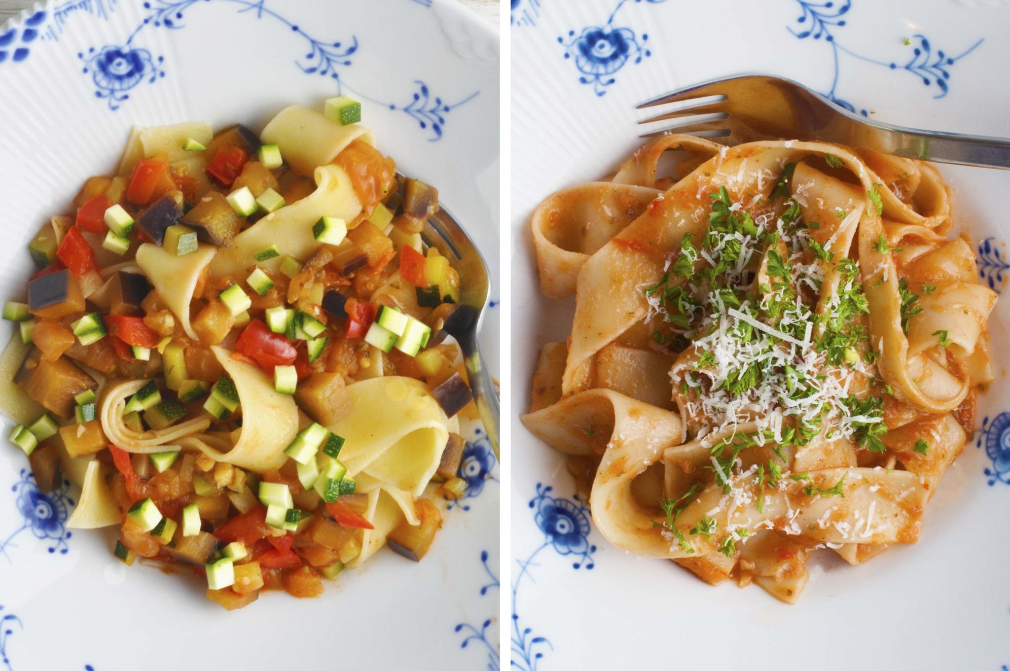 Vegetarian summer pasta with courgette, aubergine and tomato