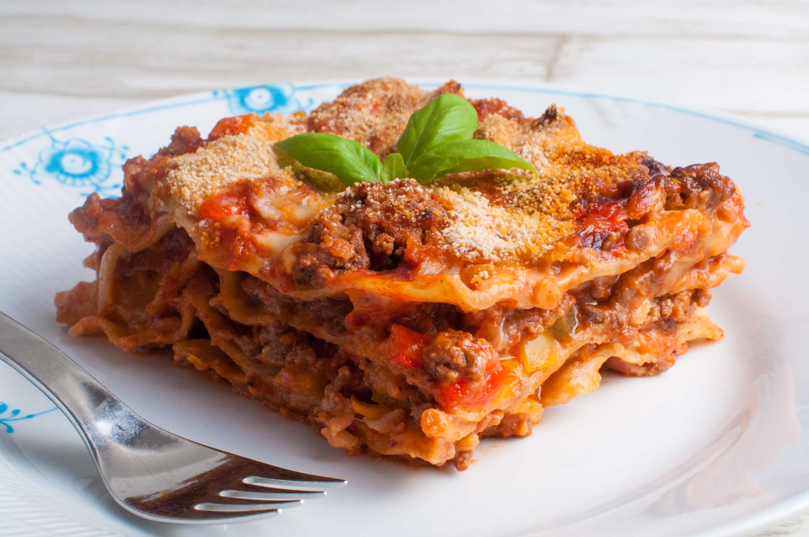 Tasty lasagne with oyster mushrooms, bacon and lots of veg