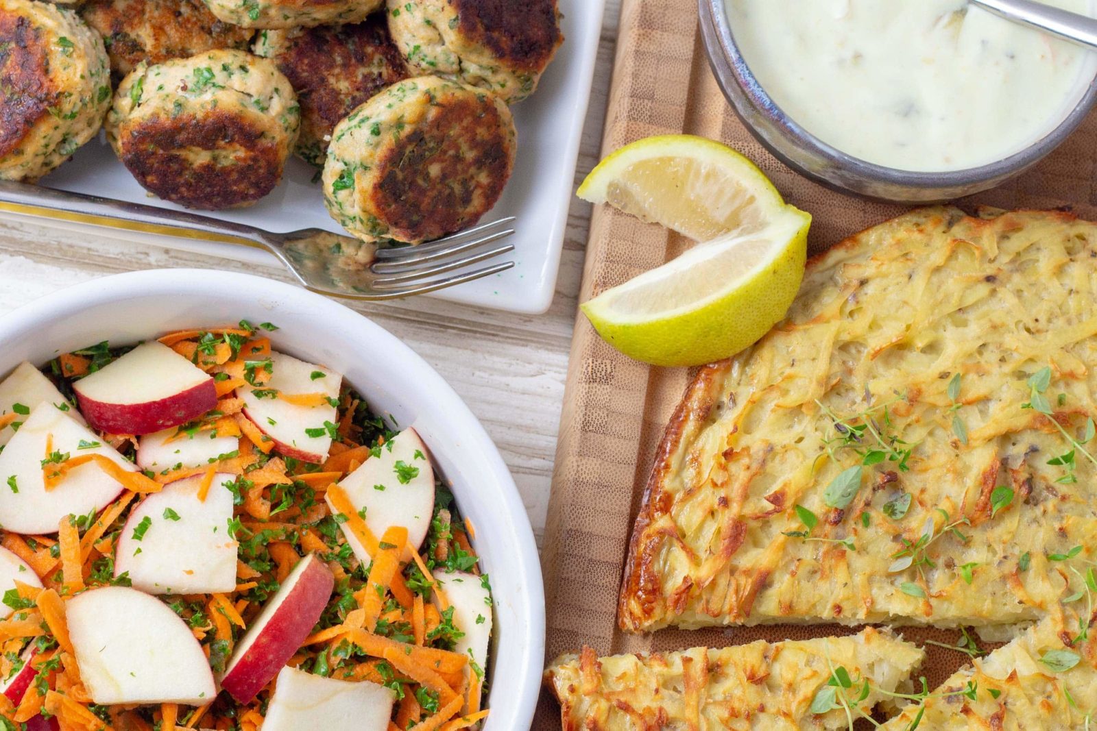 Danish fishcakes with kale, salad and potato rösti easy fish recipe