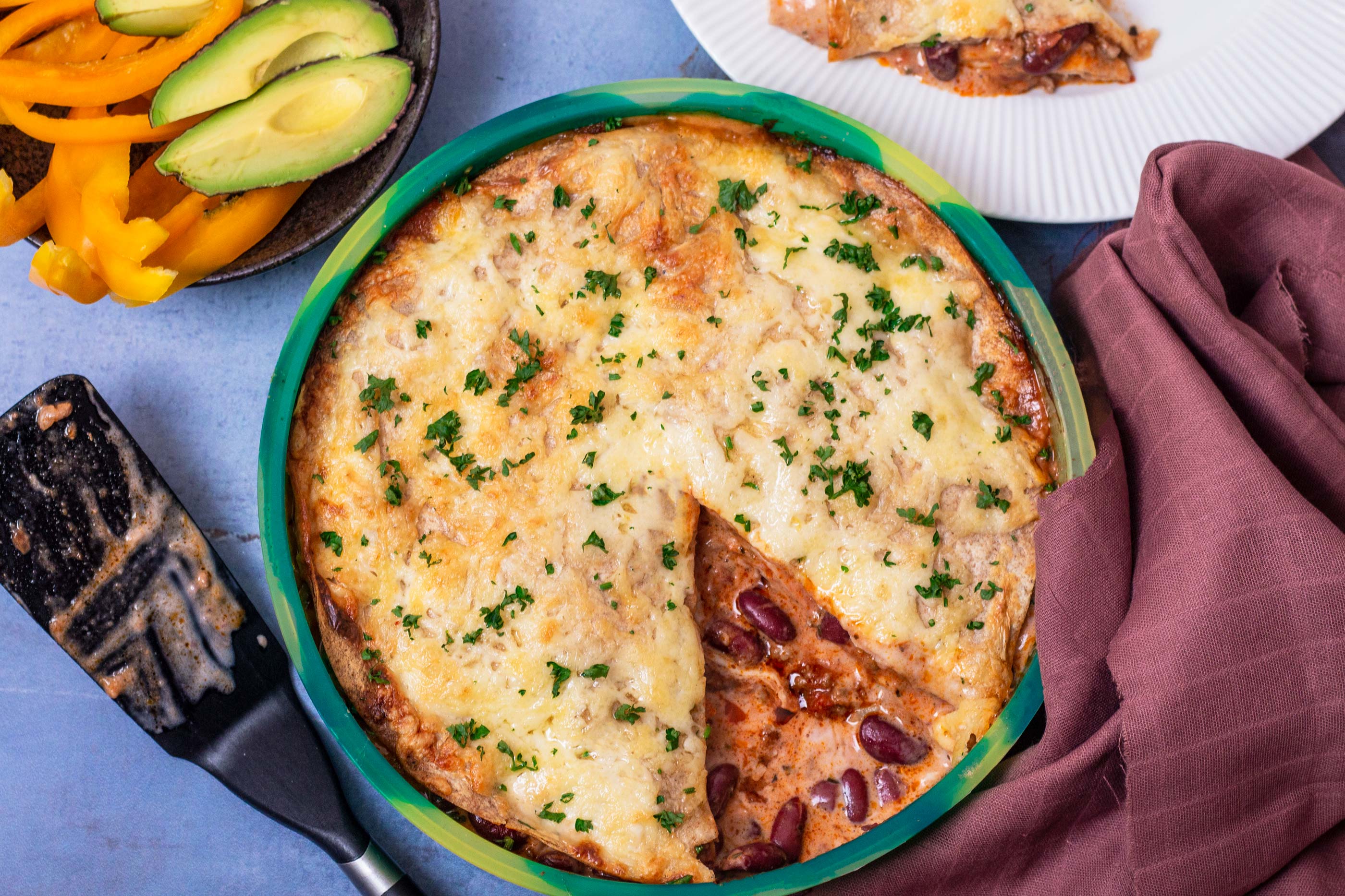 Lasagne with leftover chilli con carne and tortilla sheets