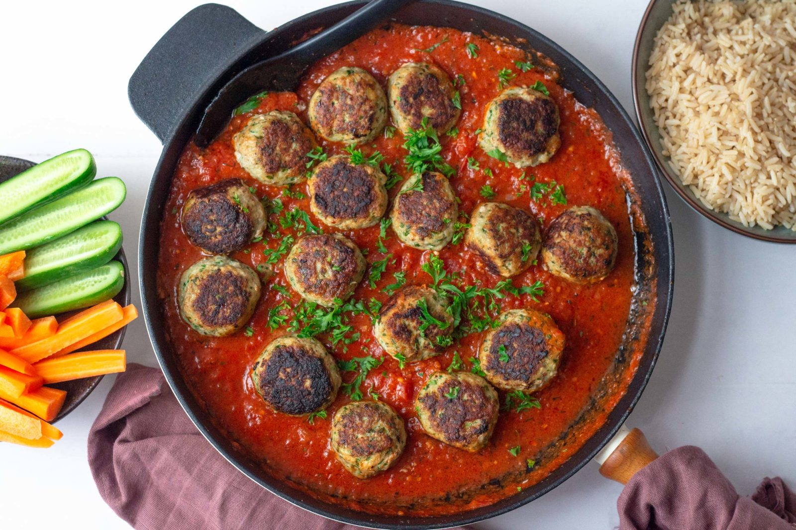 Pork And Fresh Basil Meatballs In Tomato Sauce With Rice