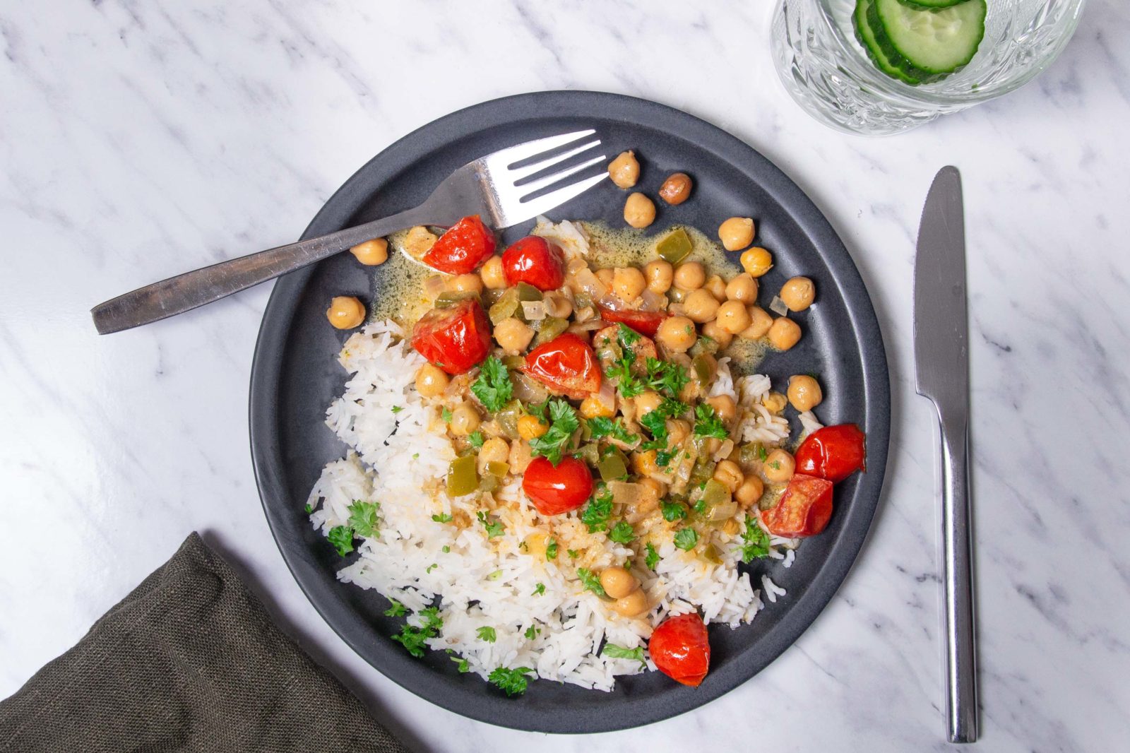 Easy veggie chickpea curry with tomatoes and rice
