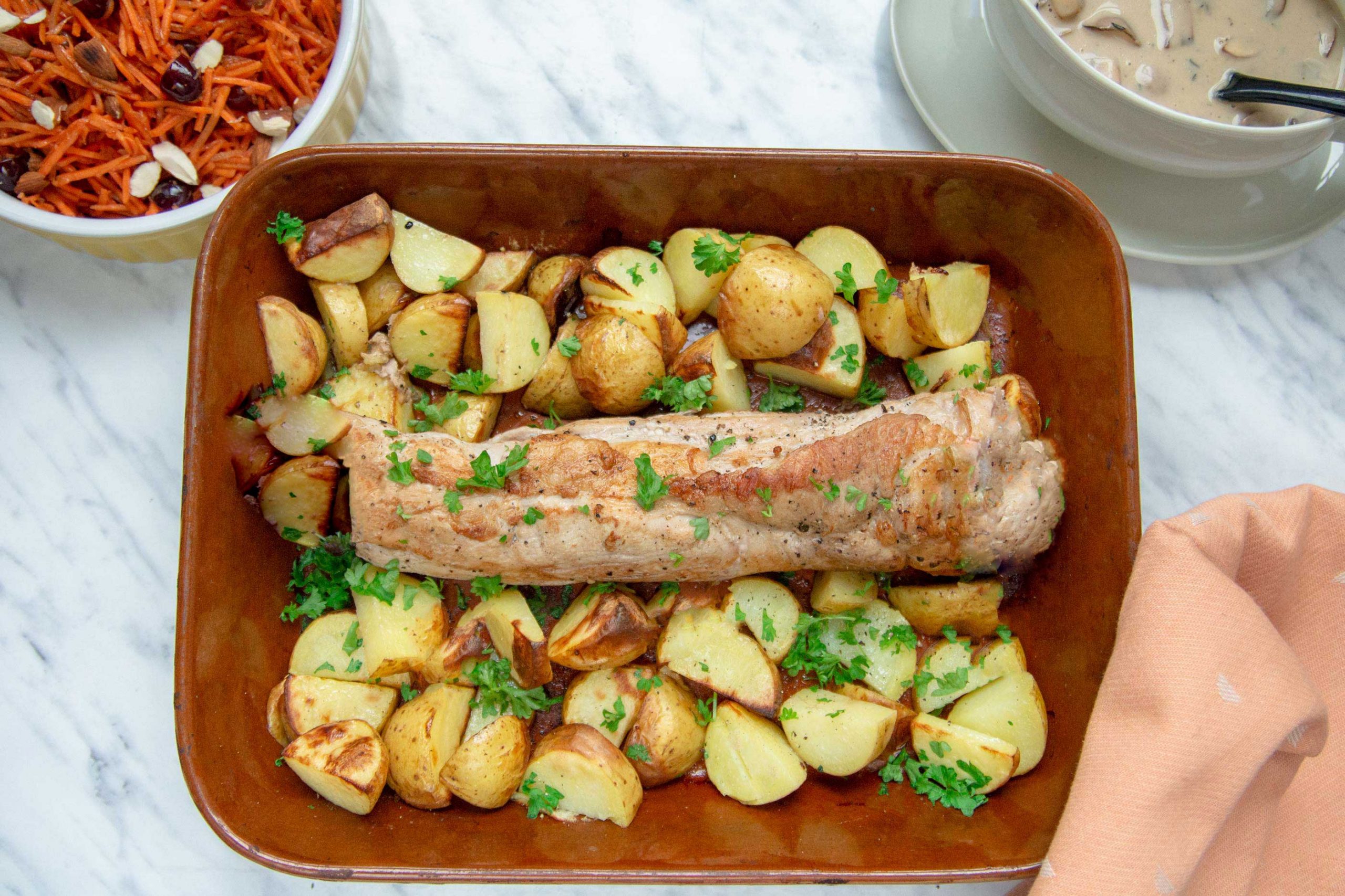 Pork tenderloin with potatoes and mushroom gravy