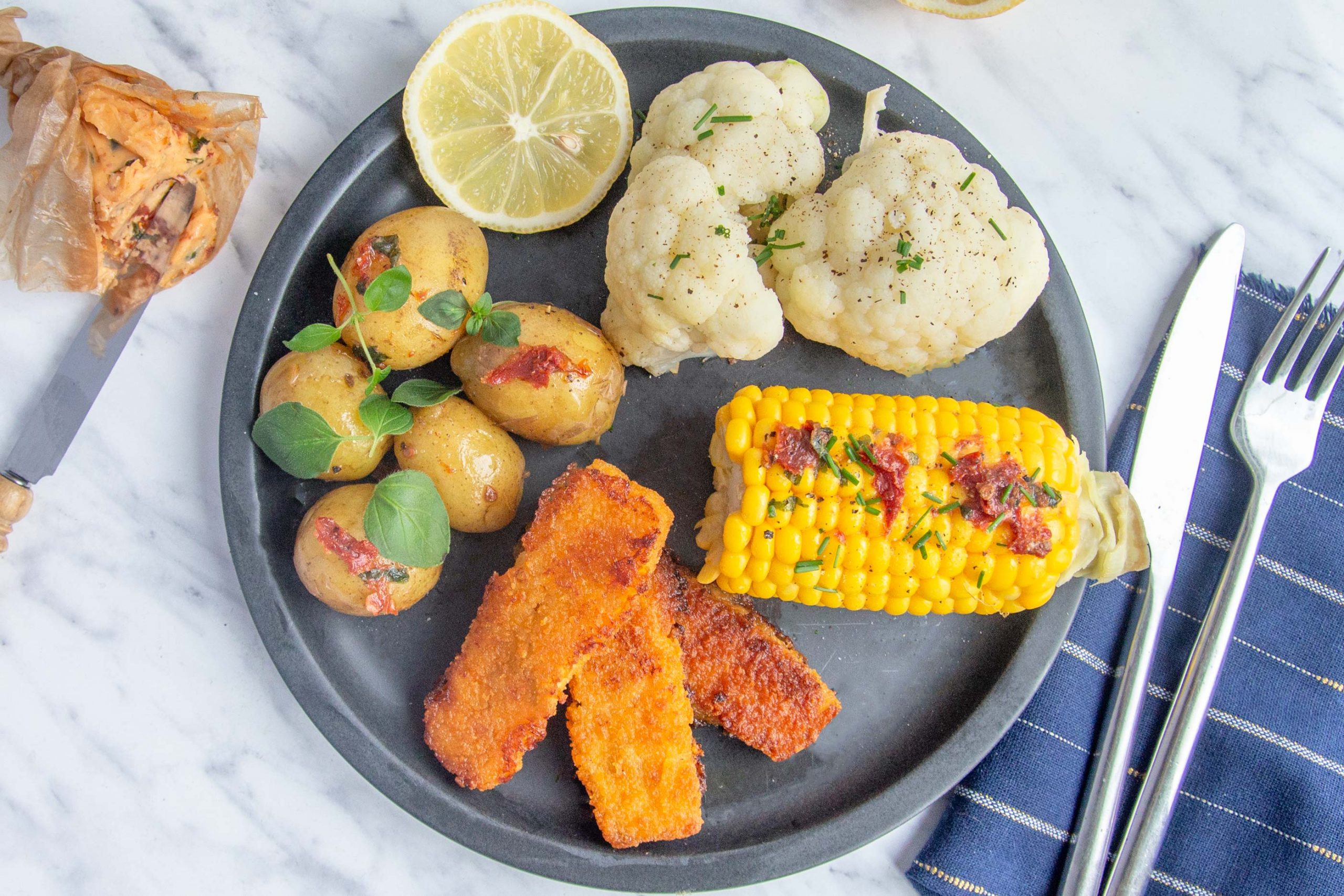 15 minute fish sticks with baby potatoes and cauliflower