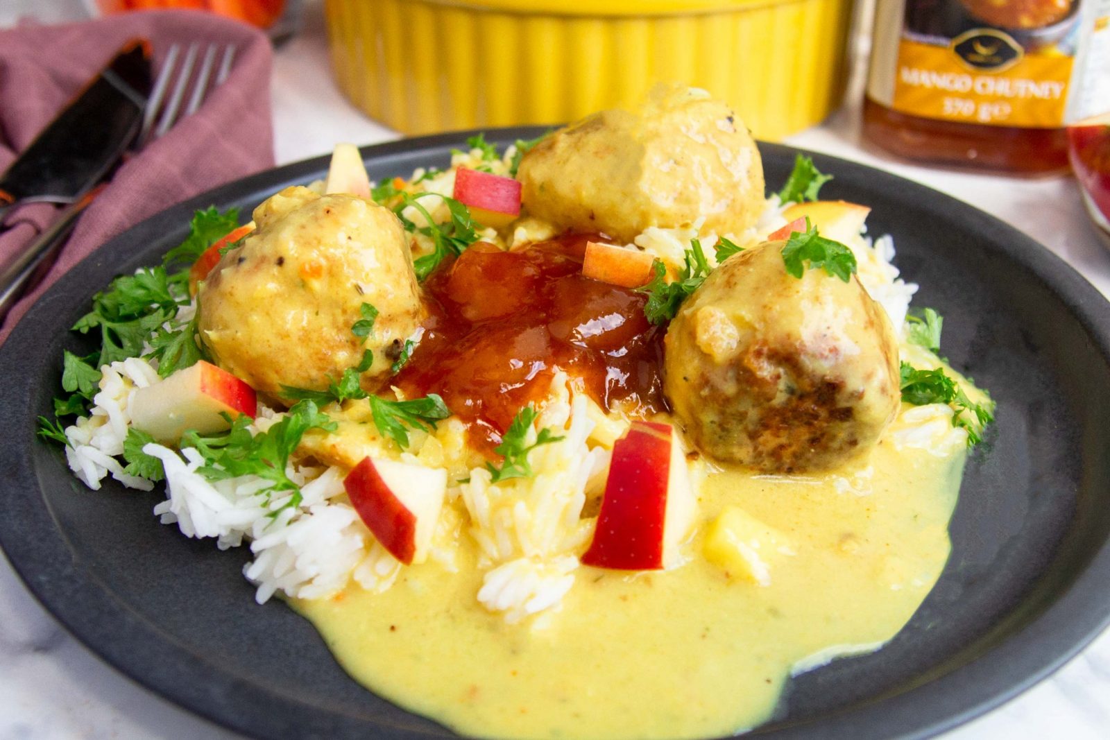 Vegetarian meatball curry with chutney and apple day two