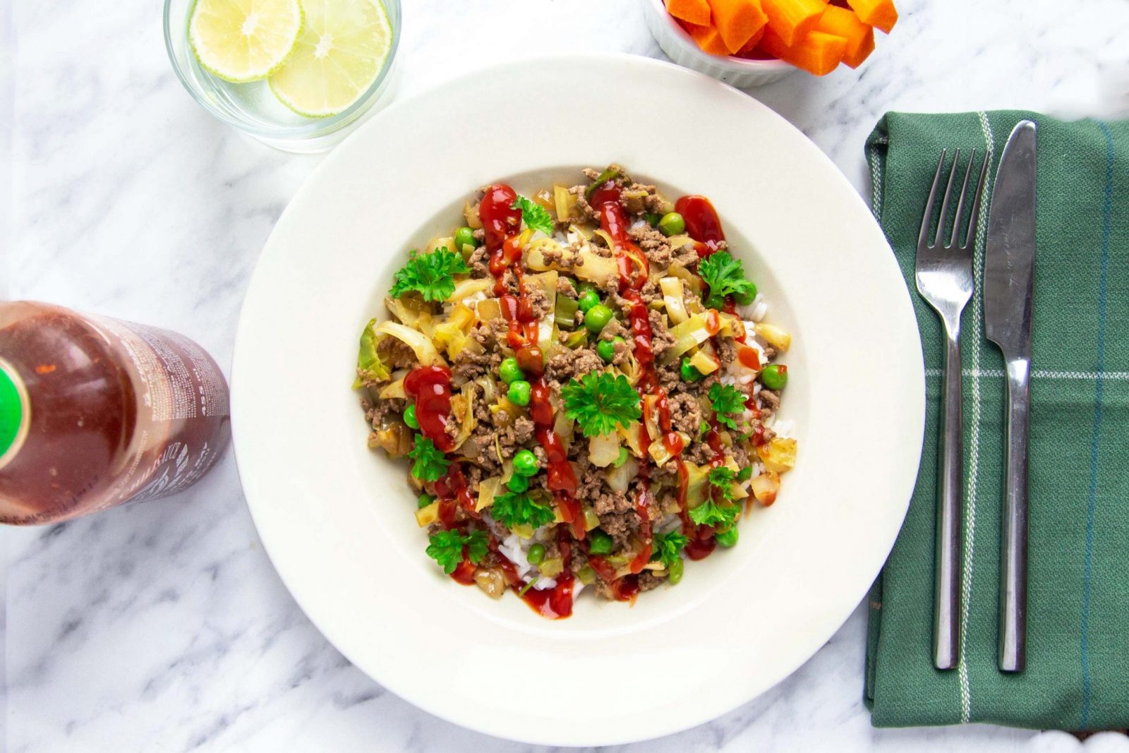 Seasoned mince pot with cabbage, peas and mash day two